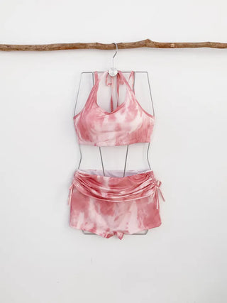 Pink tie-dye cover-up bikini piece set 3pcs pants shirring belly cover body cover swimsuit rash guard