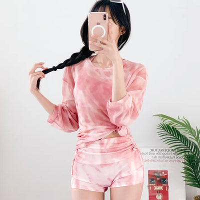 Pink tie-dye cover-up bikini piece set 3pcs pants shirring belly cover body cover swimsuit rash guard