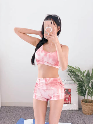 Pink tie-dye cover-up bikini piece set 3pcs pants shirring belly cover body cover swimsuit rash guard