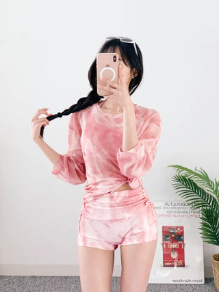 Pink tie-dye cover-up bikini piece set 3pcs pants shirring belly cover body cover swimsuit rash guard