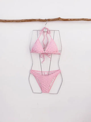 piece bikini with pink floral skirt terry wide-leg bandage halter neck and belly-covering swimsuit