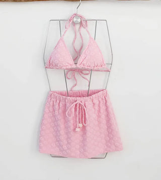 piece bikini with pink floral skirt terry wide-leg bandage halter neck and belly-covering swimsuit