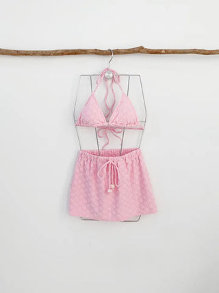piece bikini with pink floral skirt terry wide-leg bandage halter neck and belly-covering swimsuit