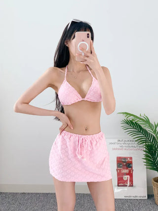 piece bikini with pink floral skirt terry wide-leg bandage halter neck and belly-covering swimsuit