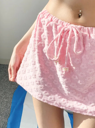 piece bikini with pink floral skirt terry wide-leg bandage halter neck and belly-covering swimsuit