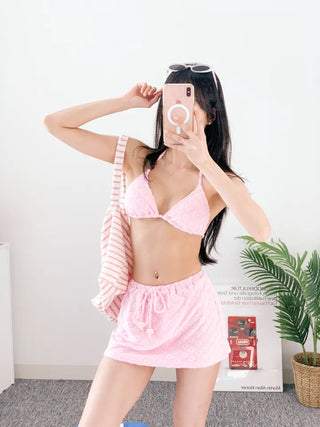 piece bikini with pink floral skirt terry wide-leg bandage halter neck and belly-covering swimsuit
