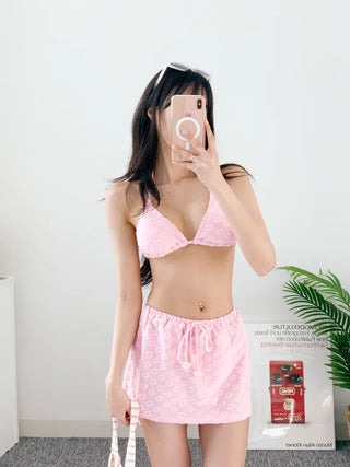 piece bikini with pink floral skirt terry wide-leg bandage halter neck and belly-covering swimsuit