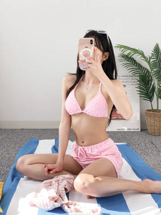 piece bikini with pink floral skirt terry wide-leg bandage halter neck and belly-covering swimsuit