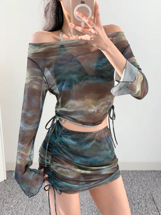 Off-shoulder khaki tie-dye piece cover-up top and skirt included shirring set swimsuit