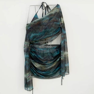 Off-shoulder khaki tie-dye piece cover-up top and skirt included shirring set swimsuit