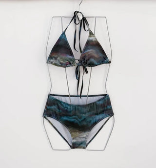 Off-shoulder khaki tie-dye piece cover-up top and skirt included shirring set swimsuit