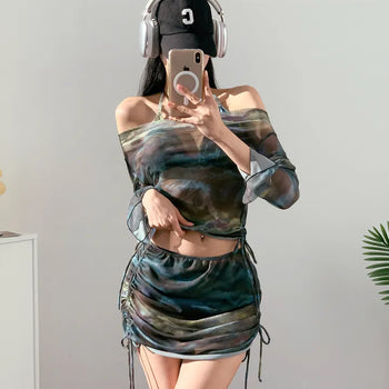 Off-shoulder khaki tie-dye piece cover-up top and skirt included shirring set swimsuit