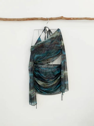 Off-shoulder khaki tie-dye piece cover-up top and skirt included shirring set swimsuit