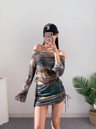Off-shoulder khaki tie-dye piece cover-up top and skirt included shirring set swimsuit