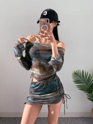 Off-shoulder khaki tie-dye piece cover-up top and skirt included shirring set swimsuit