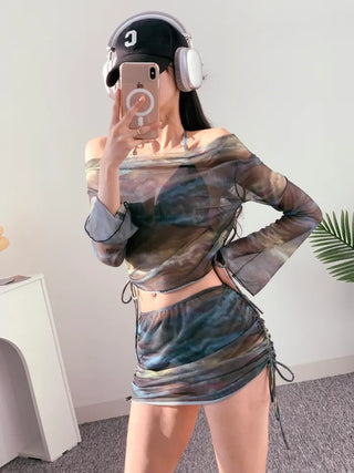 Off-shoulder khaki tie-dye piece cover-up top and skirt included shirring set swimsuit