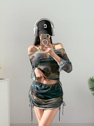 Off-shoulder khaki tie-dye piece cover-up top and skirt included shirring set swimsuit
