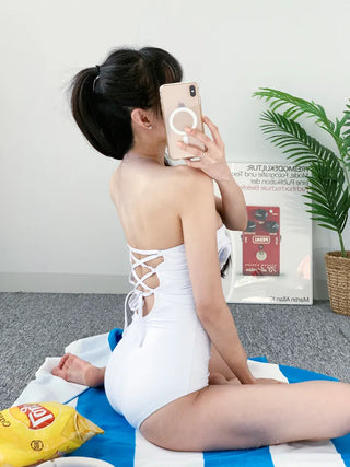 Ribbon Monokini Tube Top White Ballet Corset Vacation Look