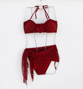 Wine piece bikini wrap skirt floral halter neck detachable strap swimsuit