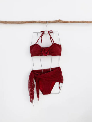 Wine piece bikini wrap skirt floral halter neck detachable strap swimsuit