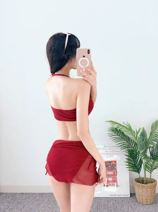 Wine piece bikini wrap skirt floral halter neck detachable strap swimsuit