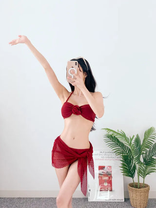 Wine piece bikini wrap skirt floral halter neck detachable strap swimsuit