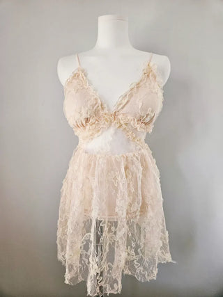 Lace one-piece swimsuit in beige with a backless high waist and strappy straps