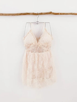 Lace one-piece swimsuit in beige with a backless high waist and strappy straps