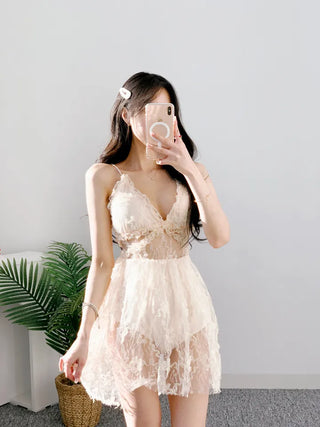 Lace one-piece swimsuit in beige with a backless high waist and strappy straps