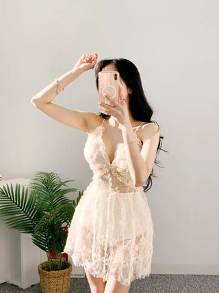 Lace one-piece swimsuit in beige with a backless high waist and strappy straps