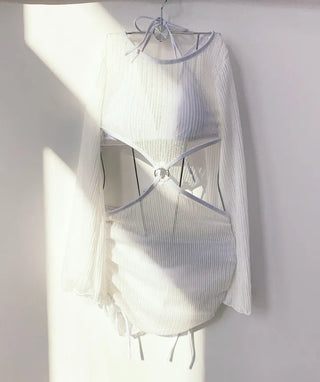 Mesh Net Piece Bikini Ribbon Cover-Up Backless Swimsuit Set