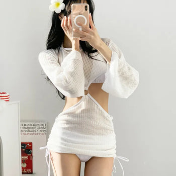Mesh Net Piece Bikini Ribbon Cover-Up Backless Swimsuit Set