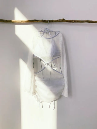 Mesh Net Piece Bikini Ribbon Cover-Up Backless Swimsuit Set