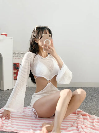 Mesh Net Piece Bikini Ribbon Cover-Up Backless Swimsuit Set