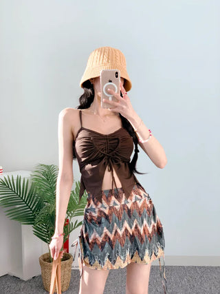 Hippie 2pcs Bikini Halter Neck Ribbon Belly Cover Skirt Included String Unique Swimsuit