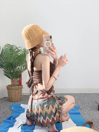 Hippie 2pcs Bikini Halter Neck Ribbon Belly Cover Skirt Included String Unique Swimsuit