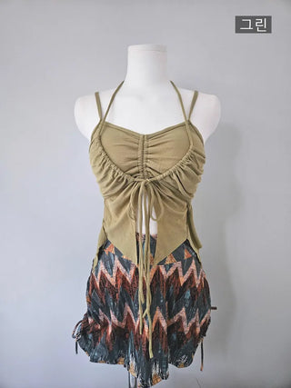 Hippie 2pcs Bikini Halter Neck Ribbon Belly Cover Skirt Included String Unique Swimsuit