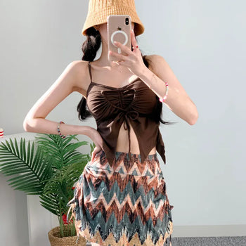 Hippie 2pcs Bikini Halter Neck Ribbon Belly Cover Skirt Included String Unique Swimsuit