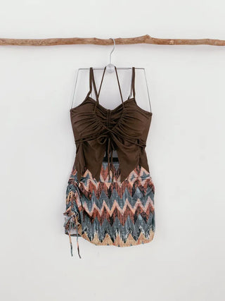 Hippie 2pcs Bikini Halter Neck Ribbon Belly Cover Skirt Included String Unique Swimsuit