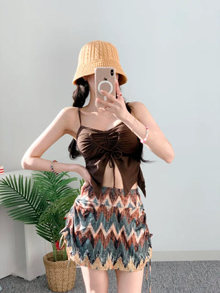 Hippie 2pcs Bikini Halter Neck Ribbon Belly Cover Skirt Included String Unique Swimsuit