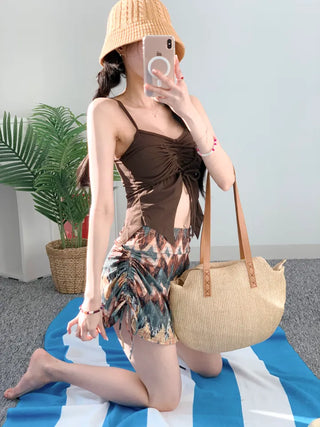Hippie 2pcs Bikini Halter Neck Ribbon Belly Cover Skirt Included String Unique Swimsuit