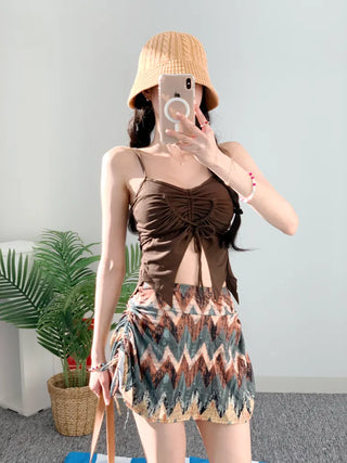 Hippie 2pcs Bikini Halter Neck Ribbon Belly Cover Skirt Included String Unique Swimsuit
