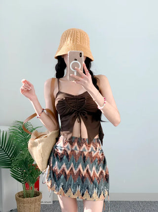 Hippie 2pcs Bikini Halter Neck Ribbon Belly Cover Skirt Included String Unique Swimsuit
