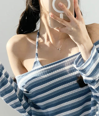 Blue Dangara Cover-Up Bikini Set Top Long Sleeve Striped Piece 3pcs Striped Swimsuit