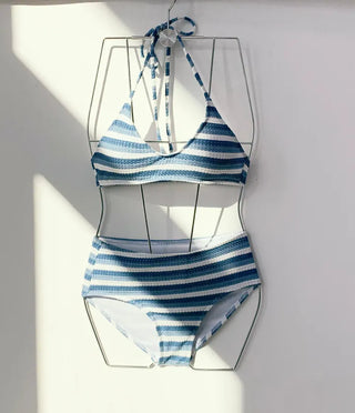 Blue Dangara Cover-Up Bikini Set Top Long Sleeve Striped Piece 3pcs Striped Swimsuit