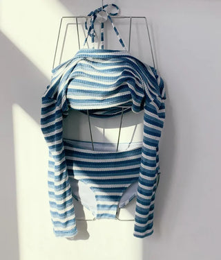 Blue Dangara Cover-Up Bikini Set Top Long Sleeve Striped Piece 3pcs Striped Swimsuit