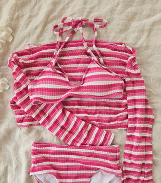 Blue Dangara Cover-Up Bikini Set Top Long Sleeve Striped Piece 3pcs Striped Swimsuit