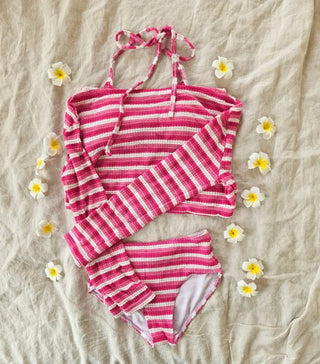 Blue Dangara Cover-Up Bikini Set Top Long Sleeve Striped Piece 3pcs Striped Swimsuit
