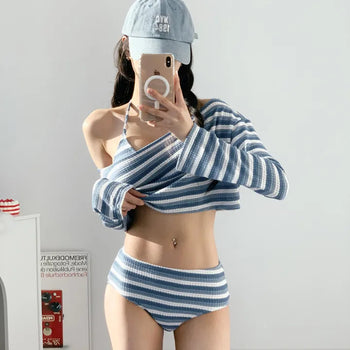 Blue Dangara Cover-Up Bikini Set Top Long Sleeve Striped Piece 3pcs Striped Swimsuit
