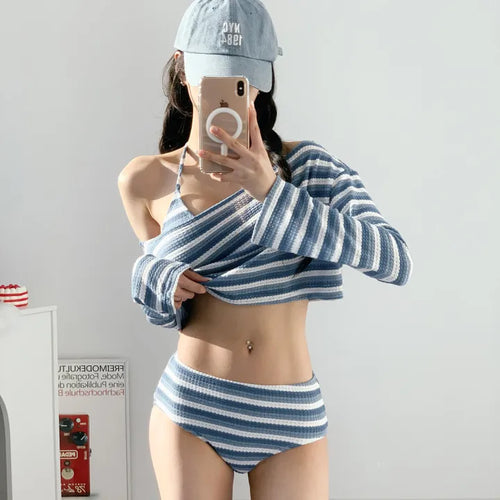 Blue Dangara Cover-Up Bikini Set Top Long Sleeve Striped Piece 3pcs Striped Swimsuit